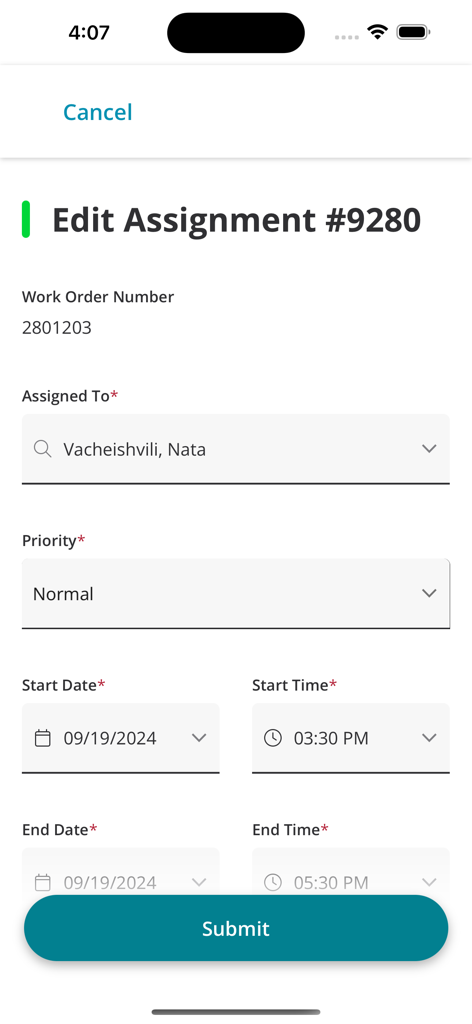 Sage Field Operations - Edit assignment screen in the Sage Field Operations app showing work order details and schedule settings