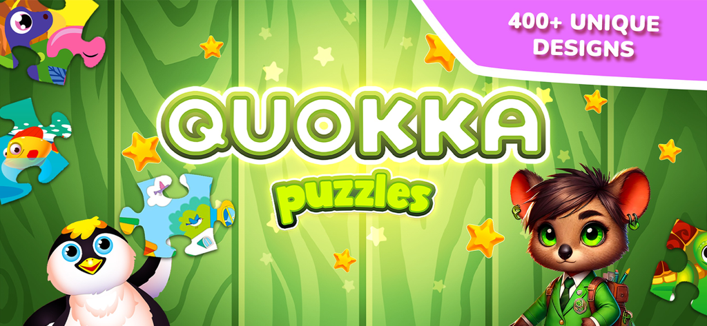 QUOKKA: Toddlers' Puzzle Games - Bannière promotionnelle du jeu de puzzle pour tout-petits Quokka présentant un pingouin et un quokka avec des pièces de puzzle