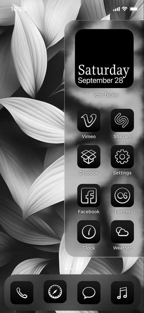 App Themes: Icon Widgets Kit - 꽃 배경에 사용자 정의 검은색 아이콘과 세련된 날짜 위젯이 있는 미니멀리스트 흑백 iPhone 홈 화면.