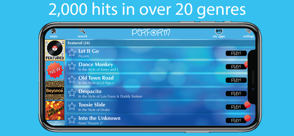 Piano with Songs - Interfaccia dell'app Piano con Canzoni che mostra un elenco di successi popolari in primo piano e generi musicali disponibili per suonare su un dispositivo mobile.