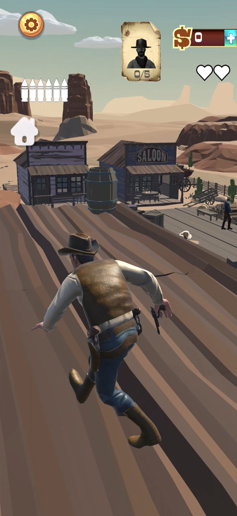Wild West Cowboy Redemption - Un personaje vaquero en perspectiva de tercera persona observando un pueblo del oeste con un salón y montañas desérticas al fondo