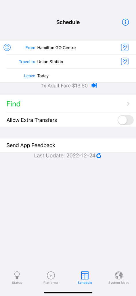 A transit schedule planning screen in the GOToronto app showing a trip from Hamilton to Union Station.