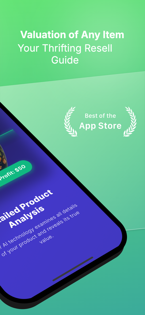 Price Snap: Ai Value Scanner - Price Snap app interface showing item valuation, detailed product analysis, and a profit calculation of fifty dollars on a green background with an App Store award badge.