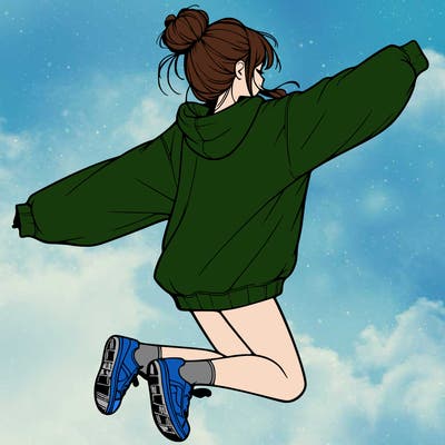 realistic girl jumping with a bun and oversized sweatshirt