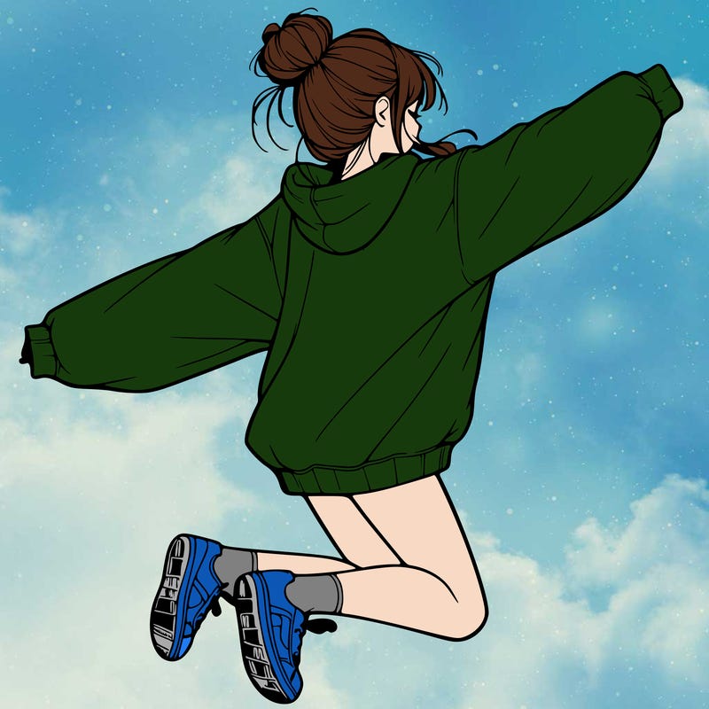 realistic girl jumping with a bun and oversized sweatshirt
