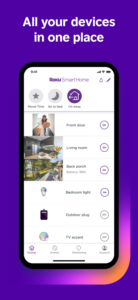 Interfaz de la aplicación Roku Smart Home mostrando una lista de dispositivos conectados que incluyen cámaras de seguridad, luces inteligentes y enchufes con indicadores de estado.