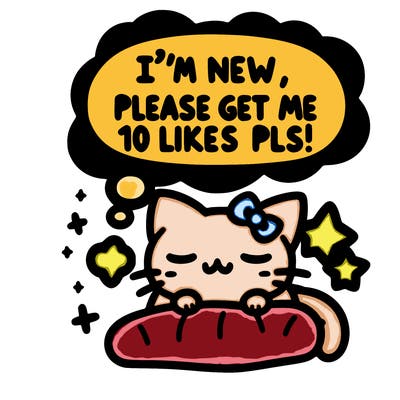 kitty taking a nap dream talking and saying "i'm new, please get me at least 10 likes pls!!"