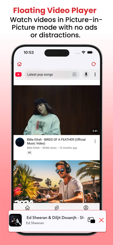 VidTube - PIP Video Player - VidTube app screenshot showing the floating video player and picture-in-picture mode on an iPhone