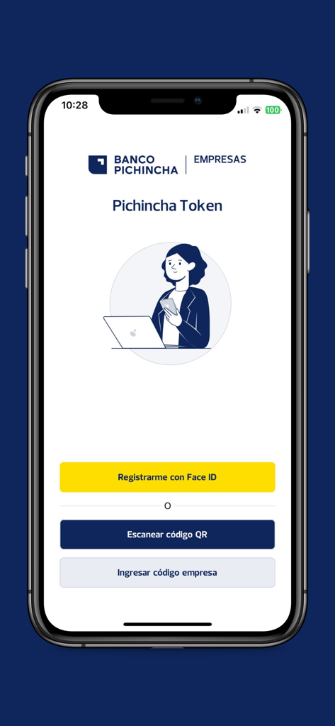 Registrierungsbildschirm für die Pichincha Token-App mit Face ID- und QR-Code-Optionen für Geschäftskunden