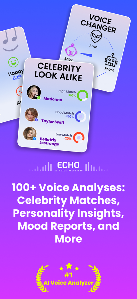 Echo ai: Voice Analyzer, Clone - Echo AI app interface highlighting voice analysis celebrity matches and voice changer effects