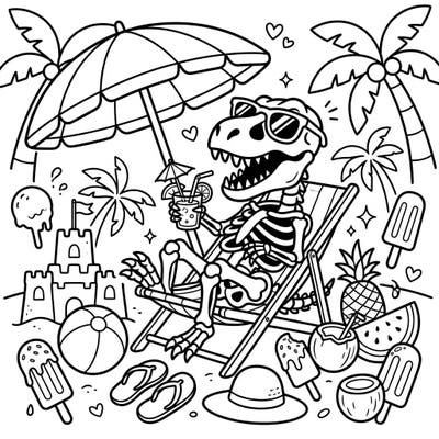 Get ready for a unique summer adventure with this T-Rex skeleton coloring page! Imagine a prehistoric pal relaxing on the beach, complete with sunglasses and a refreshing drink, surrounded by all things tropical.