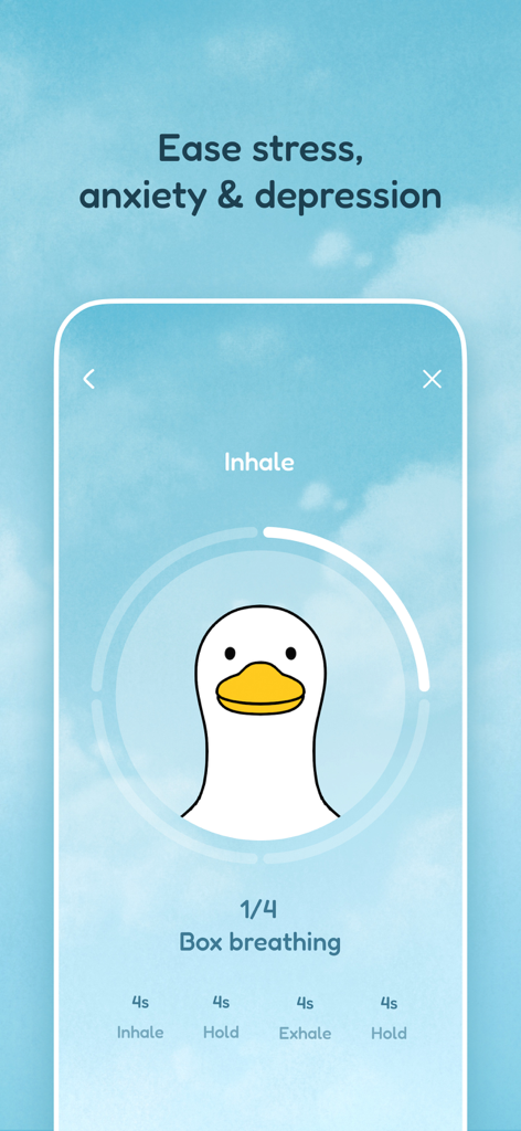 Quabble: Daily Mental Health - A cozy mobile app interface showing a box breathing exercise with a cute duck mascot to help ease anxiety and stress.