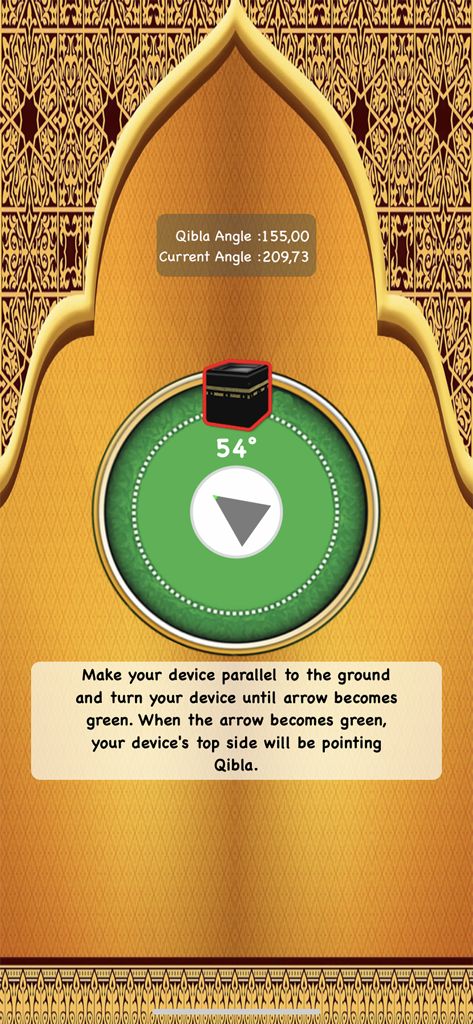 Qibla Finder Pro اتجاه القبلة - Digital compass interface in the Qibla Finder Pro app showing direction to the Kaaba