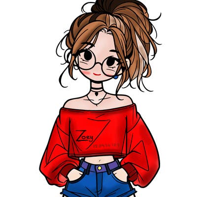 girl with a messy ponytail glasses a baggy crop top and jean shorts