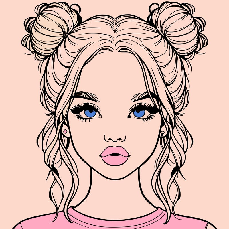 realistic girl with two buns in hair and lips