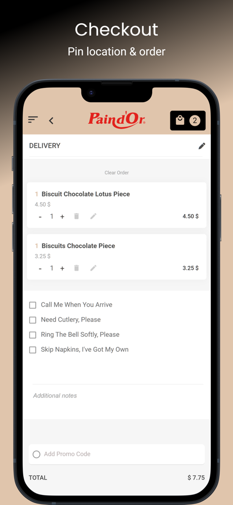 Pantalla de pago de la app Pain Dor mostrando el resumen del pedido y las opciones de entrega.