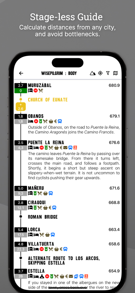 Wise Pilgrim app displaying the stageless guide with distances and amenities along the Camino Frances