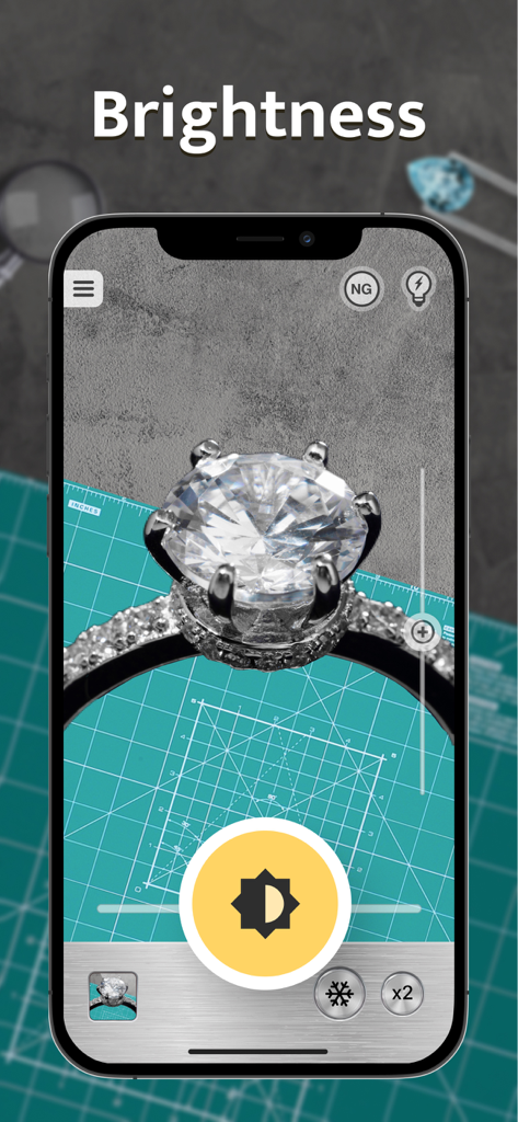Magnifying Glass - Loupe 32x - A smartphone screen displaying the Magnifying Glass app with a brightness adjustment icon overlaid on a high-definition zoomed image of a diamond ring.