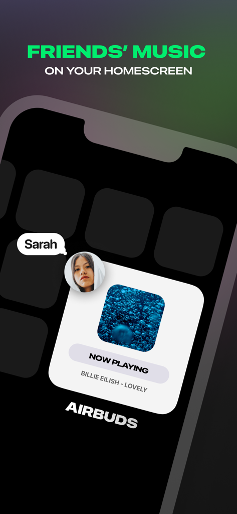 Airbuds widget on a mobile home screen showing what a friend is currently listening to