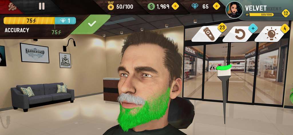 A man with a green beard in a barber shop simulation game interface