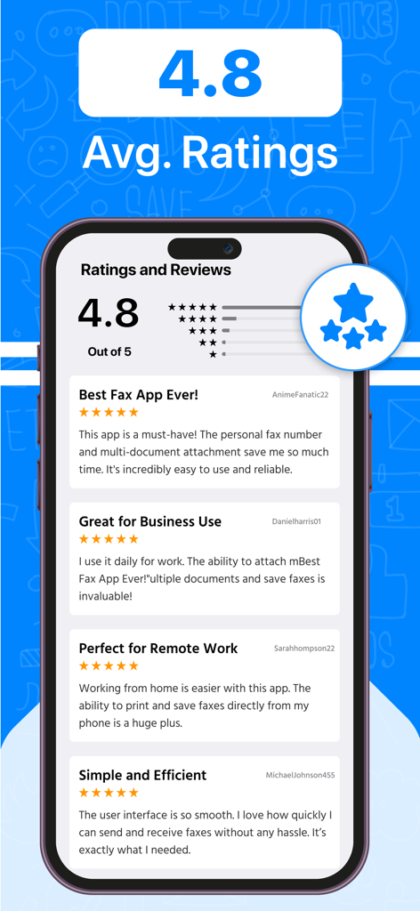Fax From iPhone :Send iFax App - iPhoneからのFAXアプリの平均4.8星の評価と肯定的なユーザーレビューを表示する電話画面