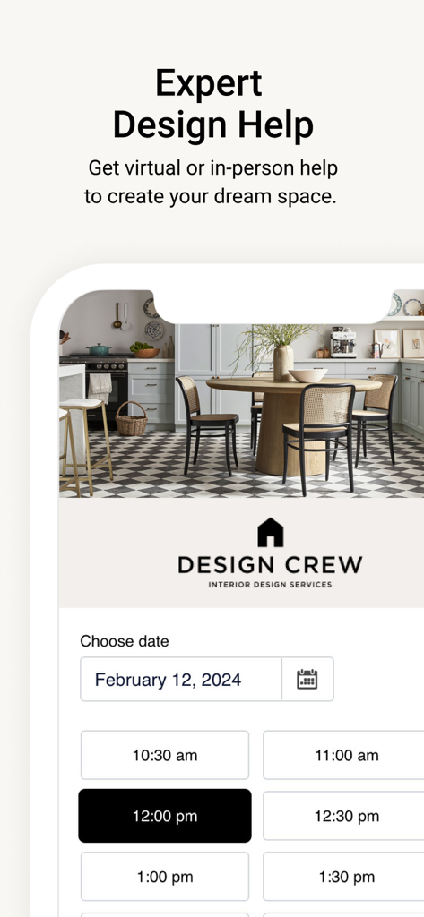 Williams Sonoma app screen for scheduling an interior design appointment with the Design Crew