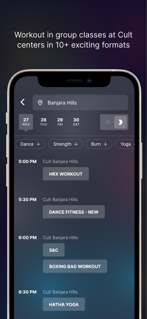 A mobile app screen from cult.fit showing a schedule for group fitness classes including yoga and dance fitness.