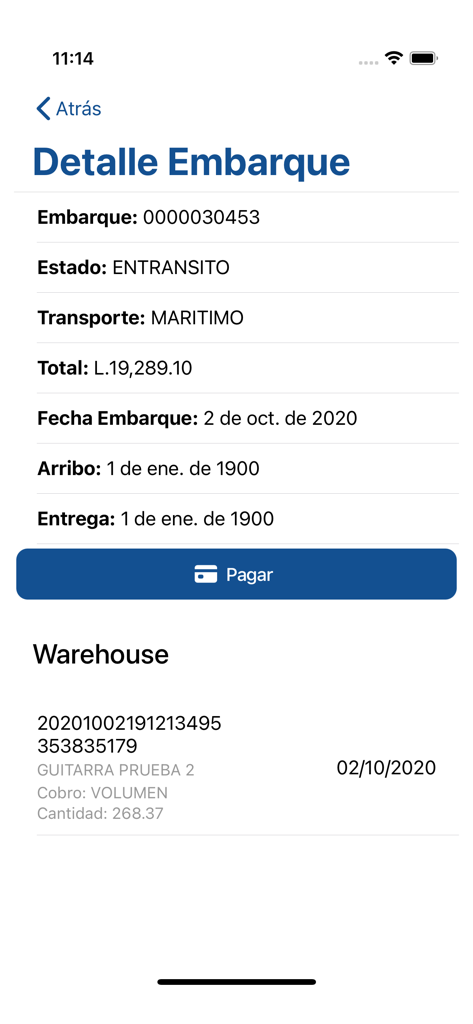 MultiEnvíos Express - Shipment details screen in the MultiEnvíos Express app showing maritime tracking and transit status