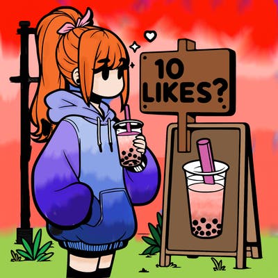 girl with oversized hoodie drinking boba and she has a high ponytail with a sign that says 10likes?