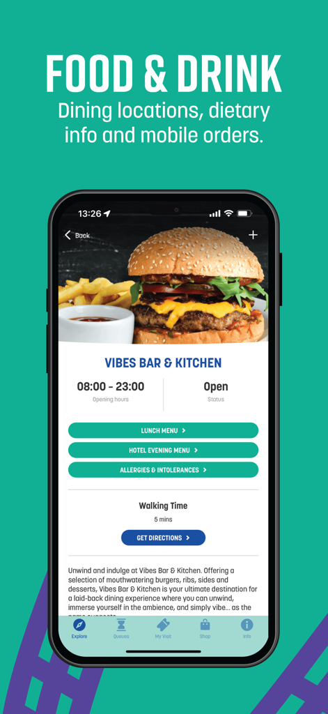 THORPE PARK – Official - Screenshot of the Thorpe Park app showing the food and drink section for Vibes Bar and Kitchen with menu options and walking distance.