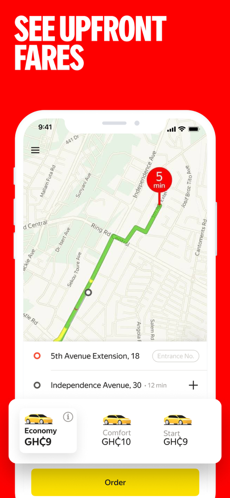 Interfaz de la aplicación Yango Lite que muestra las tarifas del viaje por adelantado y el mapa de la ruta
