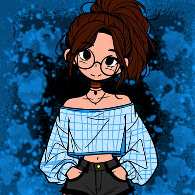 girl with a messy ponytail glasses a baggy crop top and jean shorts