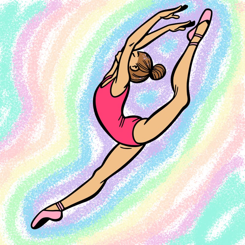 gymnast doing a leap in a leotard with a bent back leg