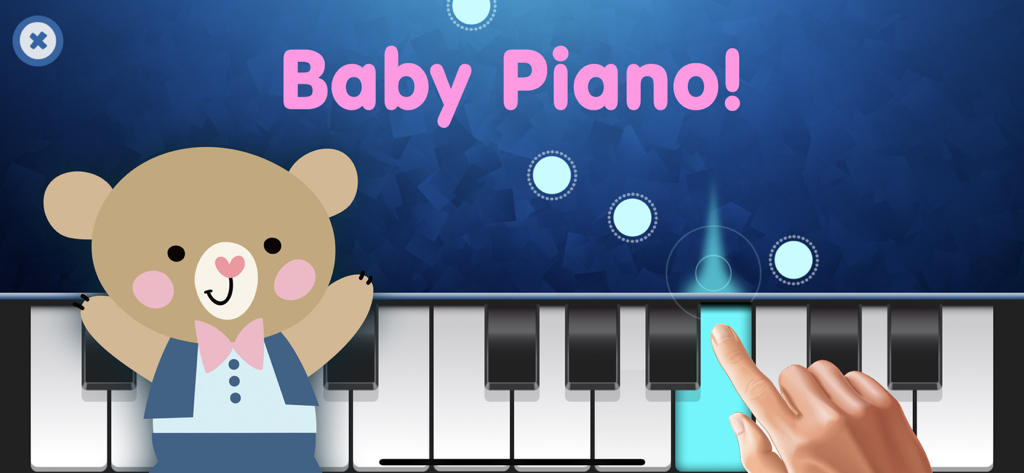 A cute cartoon bear mascot next to a digital piano keyboard with a hand tapping a key.
