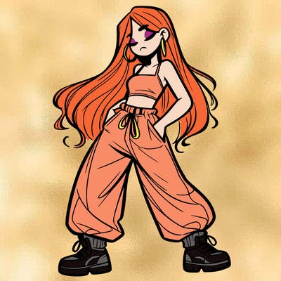 girl in baggy pants crop top and long hair