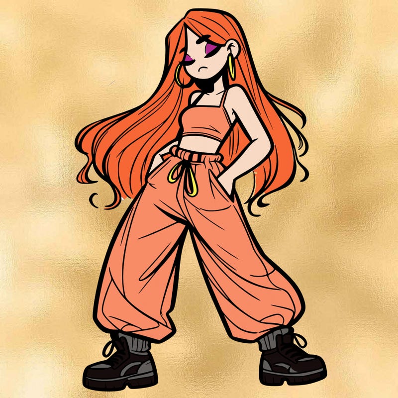 girl in baggy pants crop top and long hair