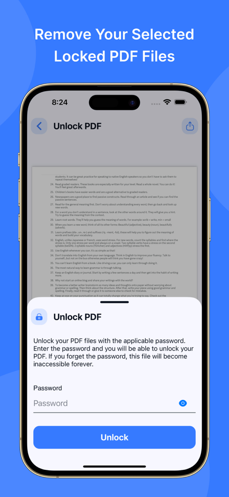 PDF Viewer: Easy PDF Viewer - Screenshot of the PDF Viewer app interface for unlocking password protected files on a mobile device.