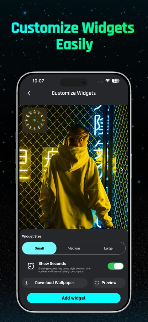 Digital Neon Night Clock - Interface of the Digital Neon Night Clock app showing options to customize widgets and download neon wallpapers.