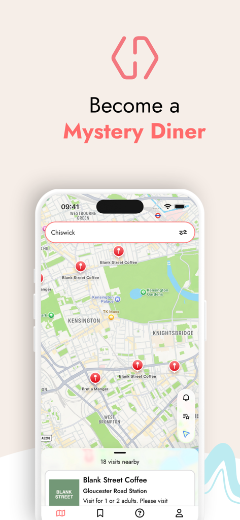 Pantalla de smartphone de la aplicación Mystery Dining que muestra un mapa con oportunidades de visitas a restaurantes cercanas