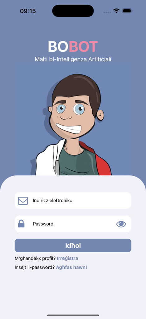 BOBOT Malti bl-AI - BOBOTマルタ語学習アプリのログイン画面、漫画のキャラクターマスコットとサインインフィールドが表示されています。