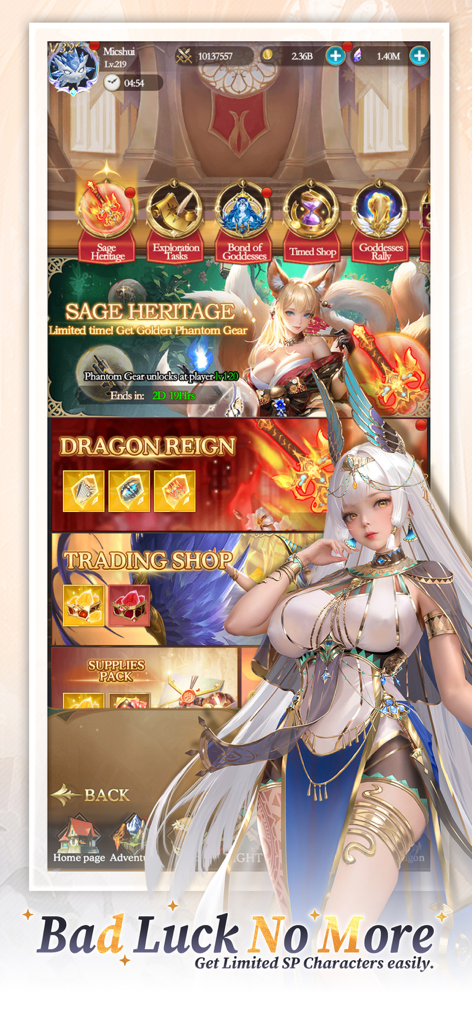 Goddess Era: 2331 Draws - 애니메이션 여신들과 게임 내 보상 메뉴를 특징으로 하는 Goddess Era 게임 인터페이스