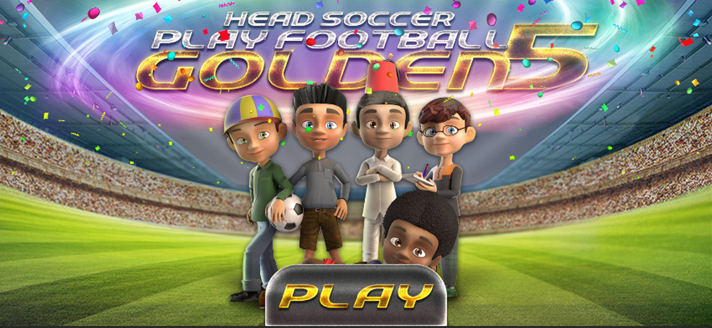 Head Soccer-Play Football - Pantalla de inicio del juego Head Soccer Play Football Golden 5 con cinco personajes de dibujos animados en un estadio de fútbol con un botón de reproducción.