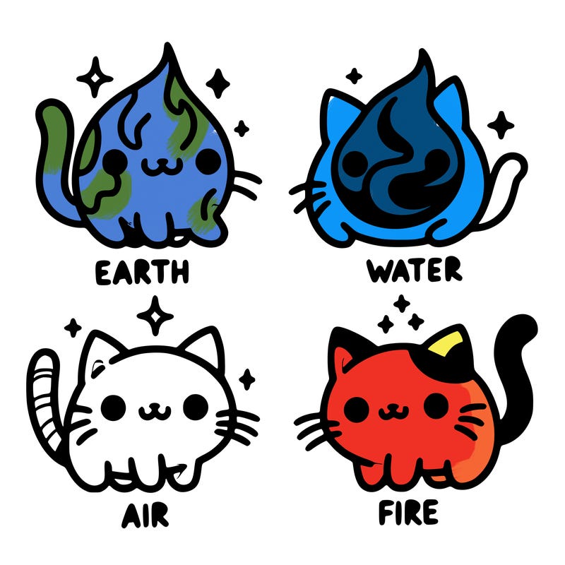 4 cats that represent the different elements, earth, water, air, and fire