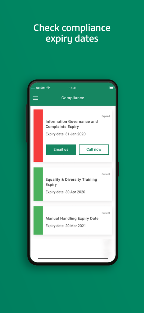 ipoint app - Pantalla de cumplimiento en la app ipoint que muestra las fechas de caducidad de la formación sanitaria y el estado.