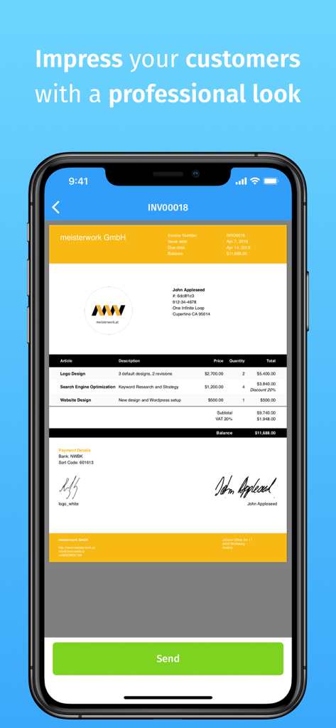 Invoice App内のスマートフォン画面に表示されたプロフェッショナルな請求書テンプレート