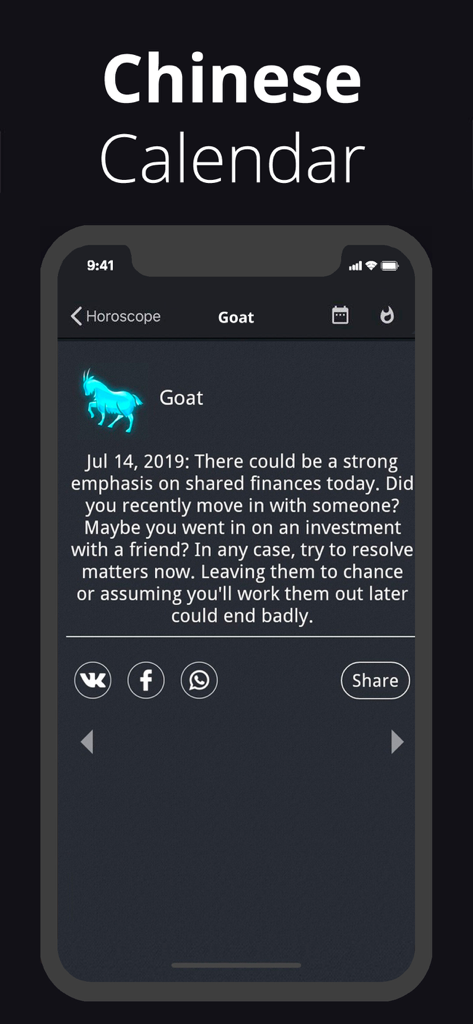 Una previsione dell'oroscopo cinese quotidiano per il segno zodiacale della Capra all'interno dell'app.