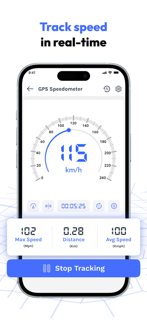 FieldCalc - GPS Area Measure - Interfaz del velocímetro GPS de la aplicación FieldCalc que muestra el seguimiento de velocidad y distancia en tiempo real