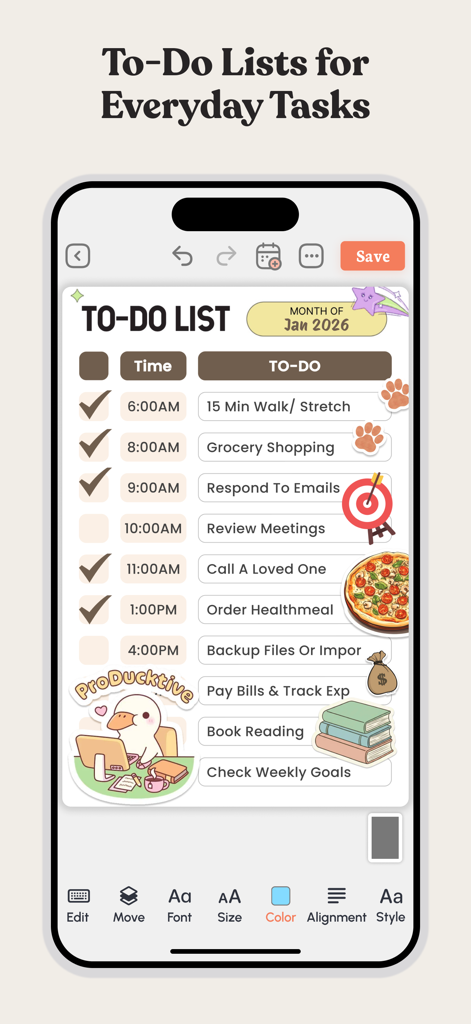 Aesthetic digital to-do list in the PlanWiz app featuring task times and decorative stickers