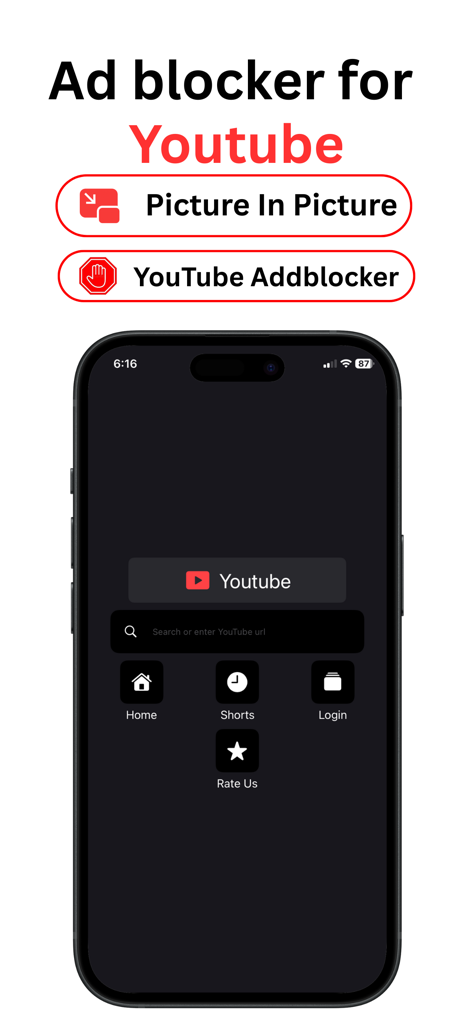 Pip For Youtube - - Pip For Youtube app screen displaying ad blocking and picture in picture multitasking features