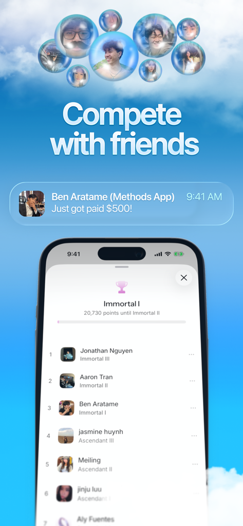 Methods - Make Money Online - Methods app leaderboard showing user rankings and a payout notification for earning money